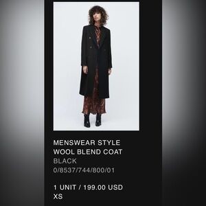 Zara Men's Black Wool Blend Coat